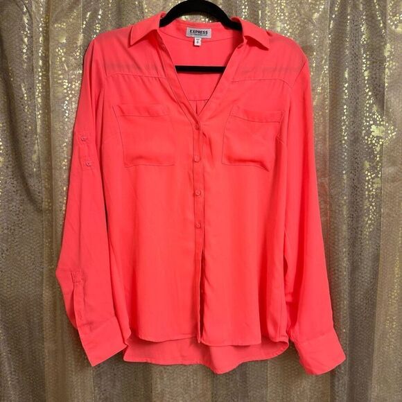 Express Bright Neon Coral Orange Portofino Button Down Top Small - Picture 1 of 5